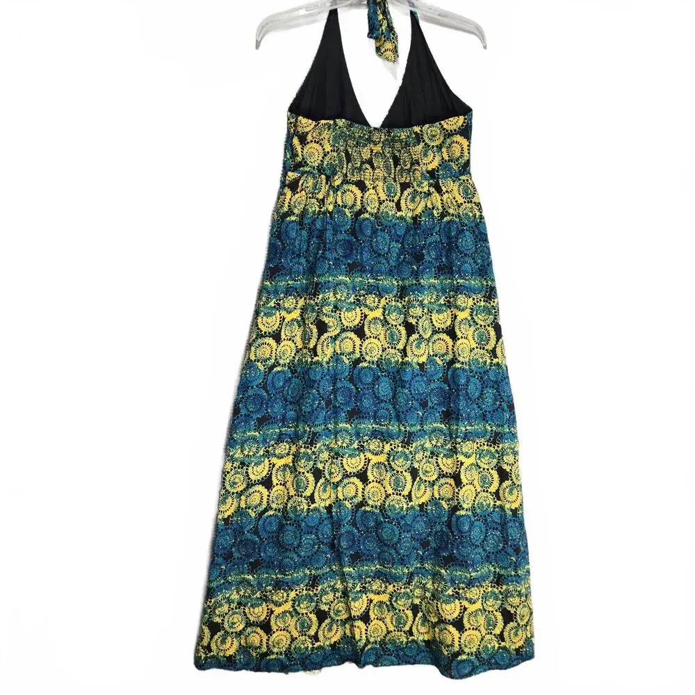 Old Navy Y2K Halter Maxi Dress XL Linen Blend Blue Yellow Boho Medallion Print - Picture 2 of 9